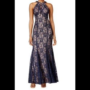 Formal floor length navy dress with mermaid flare.